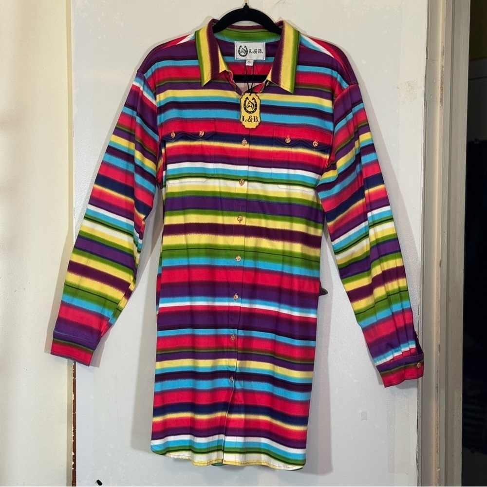 L&B Bright Multicolor Striped Button Down Shirt Dress Size XL Western Belted NWT - Picture 2 of 16